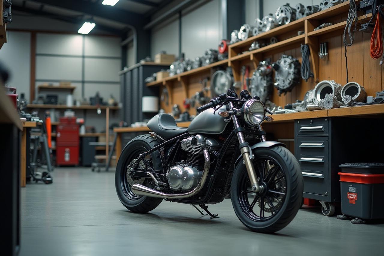 바이크 부품과 정비 도구가 정돈된 깔끔한 작업 공간